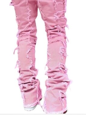 Women’s Stacked Distressed/Ripped Straight Leg Jeans - Pink. Size Juniors 4/6